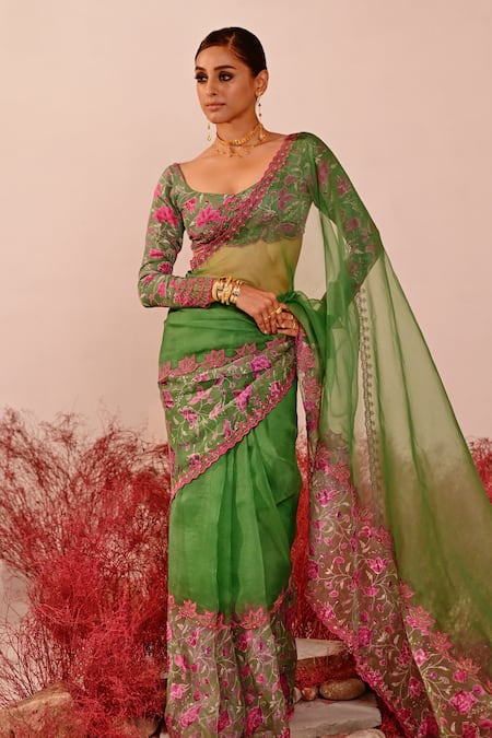Buy_Baise Gaba_Green Organza, Crepe Embroidery Deviana Floral Saree _Online_at_Aza_Fashions