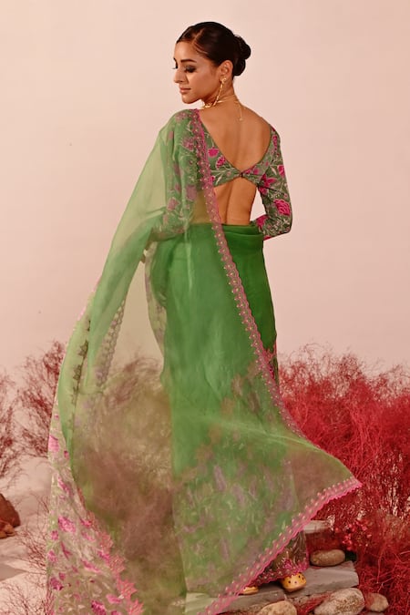 Baise Gaba_Green Organza, Crepe Embroidery Boat Neck Yara Floral Blouse _at_Aza_Fashions
