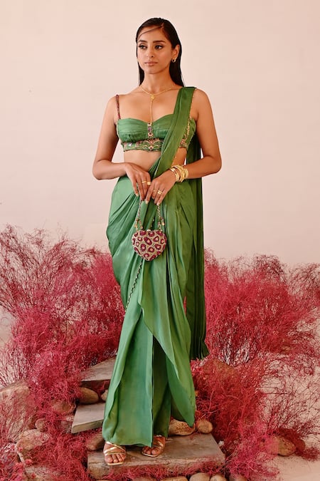Baise Gaba Green Satin Embroidered Pearls Calista Dhoti Skirt Saree Set 