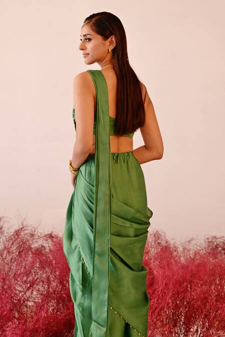 Baise Gaba Green Satin, Organza Pearls, Embroidery Calista Dhoti Skirt Saree Set at Aza Fashions Baise Gaba_Green Satin, Organza Pearls, Embroidery Calista Dhoti Skirt Saree Set _at_Aza_Fashions