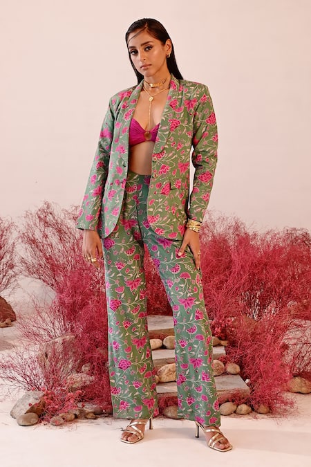 Baise Gaba Green Crepe Embroidered Floral Shawl Lapel Sajida Blazer And Pant Set 