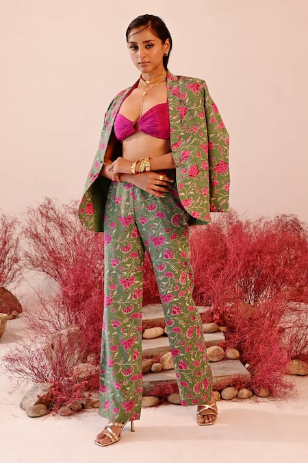 Buy Baise Gaba Green Crepe Embroidery Sajida Floral Blazer And Pant Set Online at Aza Fashions Buy_Baise Gaba_Green Crepe Embroidery Sajida Floral Blazer And Pant Set _Online_at_Aza_Fashions