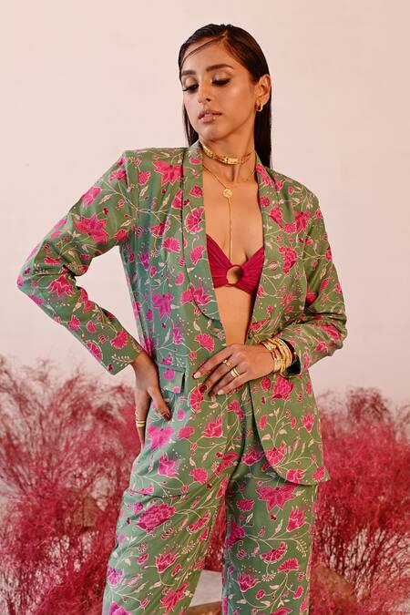 Baise Gaba Green Crepe Embroidery Sajida Floral Blazer And Pant Set at Aza Fashions Baise Gaba_Green Crepe Embroidery Sajida Floral Blazer And Pant Set _at_Aza_Fashions