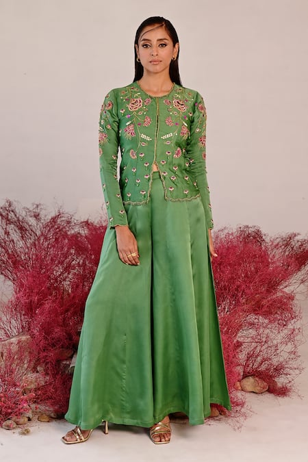 Baise Gaba Green Satin Organza Embroidered Floral Sarangz Top And Sharara Set 