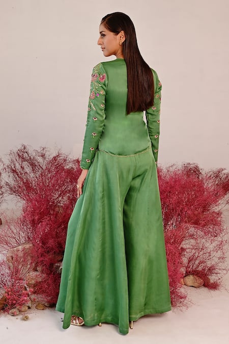 Shop Baise Gaba Green Satin, Organza Embroidery Round Neck Sarangz Floral Top And Sharara Set at Aza Fashions Shop_Baise Gaba_Green Satin, Organza Embroidery Round Neck Sarangz Floral Top And Sharara Set _at_Aza_Fashions