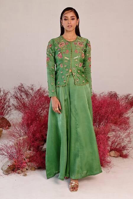 Baise Gaba Green Satin, Organza Embroidery Round Neck Sarangz Floral Top And Sharara Set Online at Aza Fashions Baise Gaba_Green Satin, Organza Embroidery Round Neck Sarangz Floral Top And Sharara Set _Online_at_Aza_Fashions