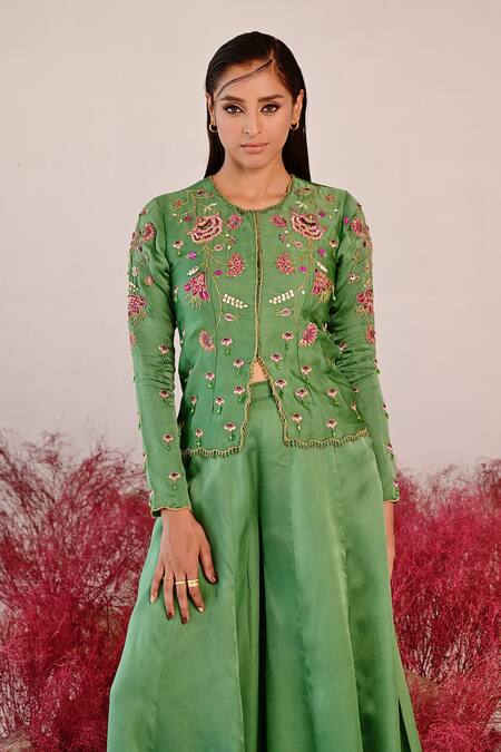 Buy Baise Gaba Green Satin, Organza Embroidery Round Neck Sarangz Floral Top And Sharara Set Online at Aza Fashions Buy_Baise Gaba_Green Satin, Organza Embroidery Round Neck Sarangz Floral Top And Sharara Set _Online_at_Aza_Fashions