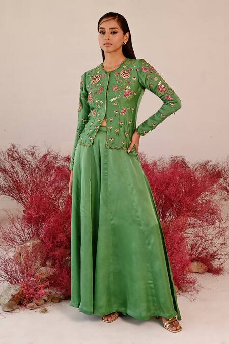 Shop Baise Gaba Green Satin, Organza Embroidery Round Neck Sarangz Floral Top And Sharara Set Online at Aza Fashions Shop_Baise Gaba_Green Satin, Organza Embroidery Round Neck Sarangz Floral Top And Sharara Set _Online_at_Aza_Fashions