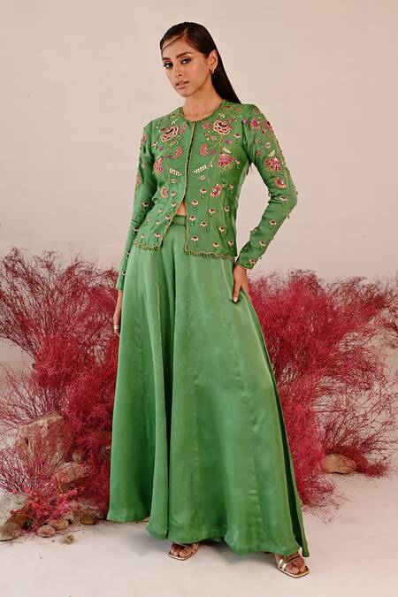 Baise Gaba Green Satin, Organza Embroidery Round Neck Sarangz Floral Top And Sharara Set at Aza Fashions Baise Gaba_Green Satin, Organza Embroidery Round Neck Sarangz Floral Top And Sharara Set _at_Aza_Fashions