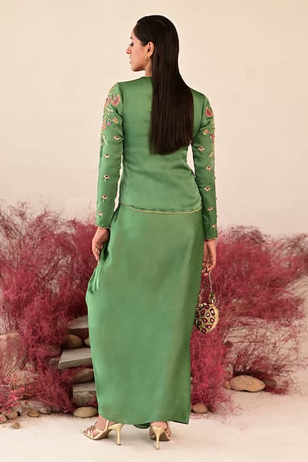 Shop Baise Gaba Green Satin, Organza Embroidery Round Neck Zarina Floral Top And Skirt Set at Aza Fashions Shop_Baise Gaba_Green Satin, Organza Embroidery Round Neck Zarina Floral Top And Skirt Set _at_Aza_Fashions
