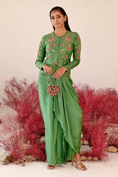 Baise Gaba Green Satin, Organza Embroidery Round Neck Zarina Floral Top And Skirt Set Online at Aza Fashions Baise Gaba_Green Satin, Organza Embroidery Round Neck Zarina Floral Top And Skirt Set _Online_at_Aza_Fashions