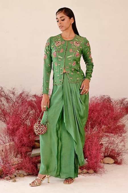 Buy Baise Gaba Green Satin, Organza Embroidery Round Neck Zarina Floral Top And Skirt Set Online at Aza Fashions Buy_Baise Gaba_Green Satin, Organza Embroidery Round Neck Zarina Floral Top And Skirt Set _Online_at_Aza_Fashions