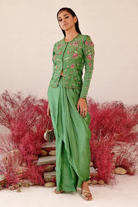 Shop Baise Gaba Green Satin, Organza Embroidery Round Neck Zarina Floral Top And Skirt Set Online at Aza Fashions Shop_Baise Gaba_Green Satin, Organza Embroidery Round Neck Zarina Floral Top And Skirt Set _Online_at_Aza_Fashions