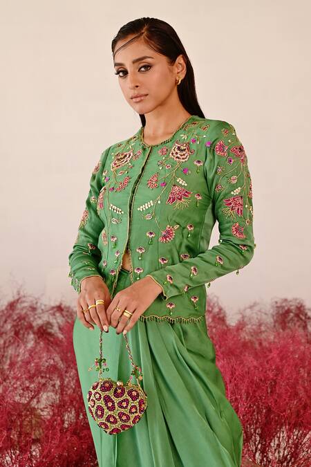 Baise Gaba Green Satin, Organza Embroidery Round Neck Zarina Floral Top And Skirt Set at Aza Fashions Baise Gaba_Green Satin, Organza Embroidery Round Neck Zarina Floral Top And Skirt Set _at_Aza_Fashions