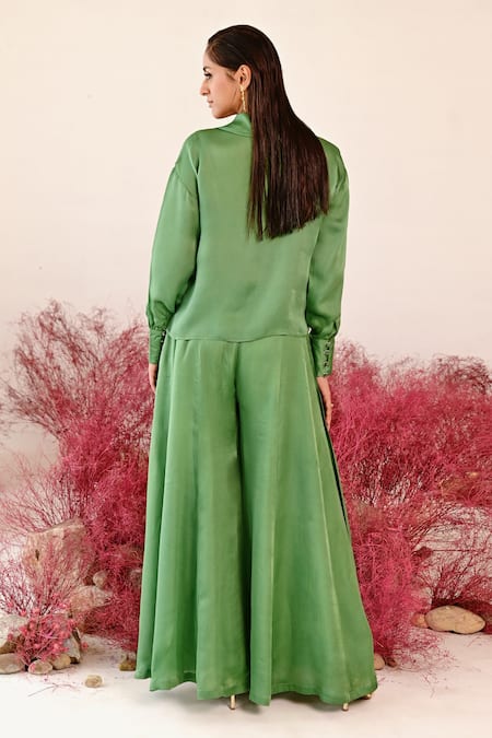 Shop Baise Gaba Green Satin, Organza Cowl Neck Musafirr Solid Top And Sharara Set at Aza Fashions Shop_Baise Gaba_Green Satin, Organza Cowl Neck Musafirr Solid Top And Sharara Set _at_Aza_Fashions