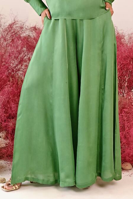 Baise Gaba Green Satin, Organza Cowl Neck Musafirr Solid Top And Sharara Set Online at Aza Fashions Baise Gaba_Green Satin, Organza Cowl Neck Musafirr Solid Top And Sharara Set _Online_at_Aza_Fashions