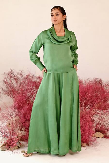 Buy Baise Gaba Green Satin, Organza Cowl Neck Musafirr Solid Top And Sharara Set Online at Aza Fashions Buy_Baise Gaba_Green Satin, Organza Cowl Neck Musafirr Solid Top And Sharara Set _Online_at_Aza_Fashions