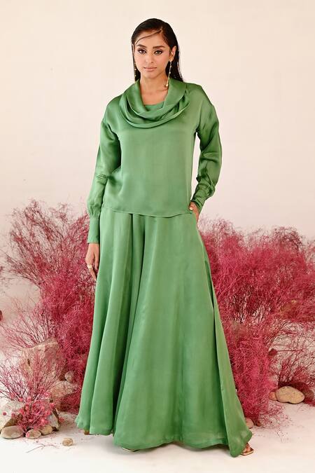Shop Baise Gaba Green Satin, Organza Cowl Neck Musafirr Solid Top And Sharara Set Online at Aza Fashions Shop_Baise Gaba_Green Satin, Organza Cowl Neck Musafirr Solid Top And Sharara Set _Online_at_Aza_Fashions