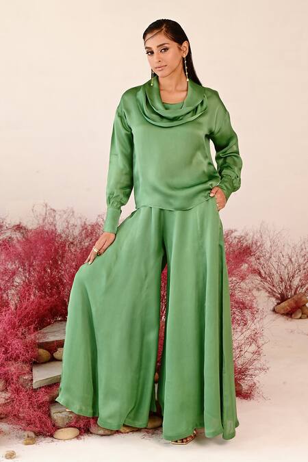 Baise Gaba Green Satin, Organza Cowl Neck Musafirr Solid Top And Sharara Set at Aza Fashions Baise Gaba_Green Satin, Organza Cowl Neck Musafirr Solid Top And Sharara Set _at_Aza_Fashions
