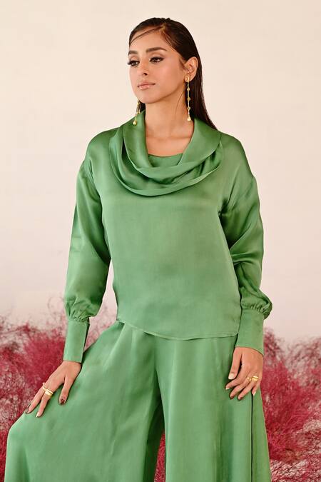 Buy Baise Gaba Green Satin, Organza Cowl Neck Musafirr Solid Top And Sharara Set Buy_Baise Gaba_Green Satin, Organza Cowl Neck Musafirr Solid Top And Sharara Set
