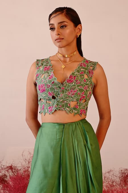 Shop Baise Gaba Green Crepe, Satin, Organza Embroidery V-neck Jharokha Jacket And Skirt Set Online at Aza Fashions Shop_Baise Gaba_Green Crepe, Satin, Organza Embroidery V-neck Jharokha Jacket And Skirt Set _Online_at_Aza_Fashions