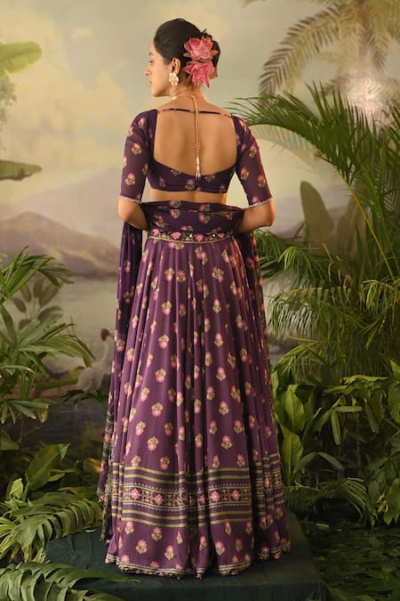 Baise Gaba_Purple Georgette, Modal Cut Work, Embroidery, Kamli Lotus Print Lehenga Set _Online_at_Aza_Fashions