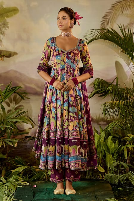 Baise Gaba Purple Anarkali And Pant Modal Satin Printed Bird Leaf Neck Sita & Tree Set 