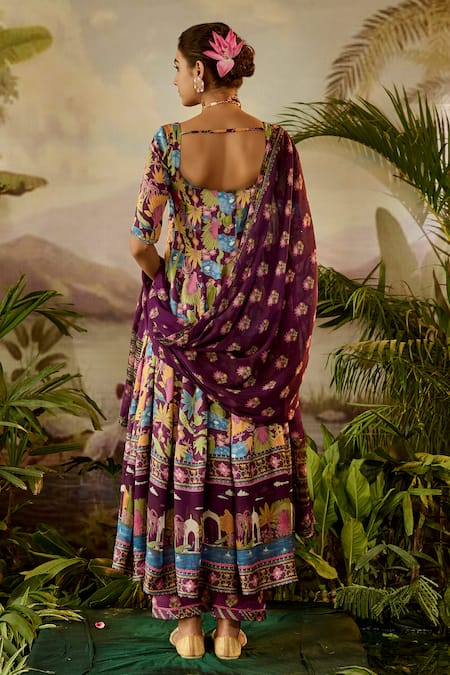 Baise Gaba Purple Modal, Satin, Georgette Embroidery, Sita Bird And Tree Print Anarkali Set Online at Aza Fashions Baise Gaba_Purple Modal, Satin, Georgette Embroidery, Sita Bird And Tree Print Anarkali Set _Online_at_Aza_Fashions