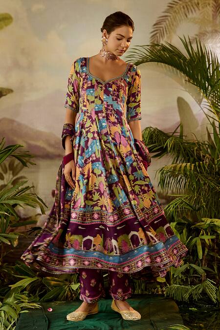 Buy Baise Gaba Purple Modal, Satin, Georgette Embroidery, Sita Bird And Tree Print Anarkali Set Online at Aza Fashions Buy_Baise Gaba_Purple Modal, Satin, Georgette Embroidery, Sita Bird And Tree Print Anarkali Set _Online_at_Aza_Fashions