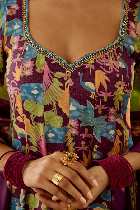 Baise Gaba Purple Modal, Satin Beads, Embroidery Sita Bird And Tree Print Anarkali Online at Aza Fashions Baise Gaba_Purple Modal, Satin Beads, Embroidery Sita Bird And Tree Print Anarkali _Online_at_Aza_Fashions