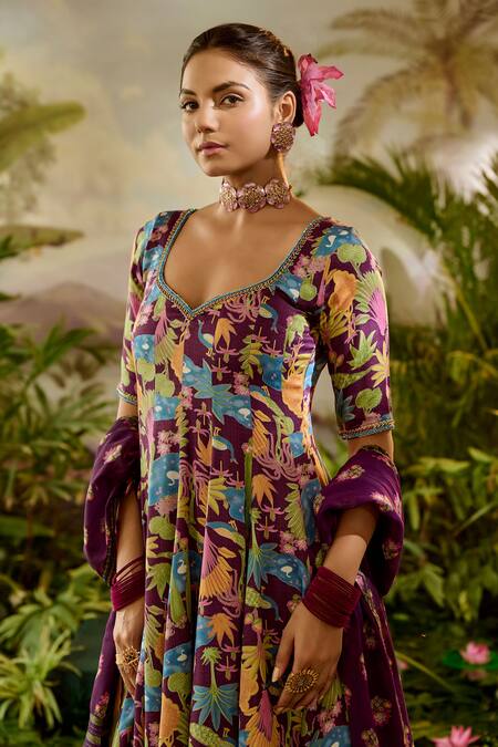 Buy Baise Gaba Purple Modal, Satin Beads, Embroidery Sita Bird And Tree Print Anarkali Online at Aza Fashions Buy_Baise Gaba_Purple Modal, Satin Beads, Embroidery Sita Bird And Tree Print Anarkali _Online_at_Aza_Fashions