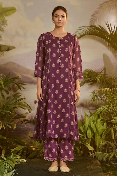 Baise Gaba Purple Kurta Georgette Printed Floral Kishori A-line And Pant Set 
