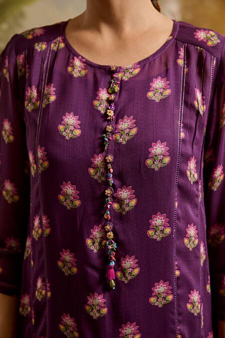 Buy_Baise Gaba_Purple Georgette, Modal, Satin, Kishori Floral Print A-line Kurta And Pant Set _Online_at_Aza_Fashions