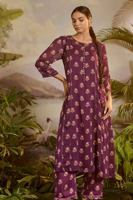 Baise Gaba_Purple Georgette, Modal, Satin, Kishori Floral Print A-line Kurta And Pant Set _at_Aza_Fashions