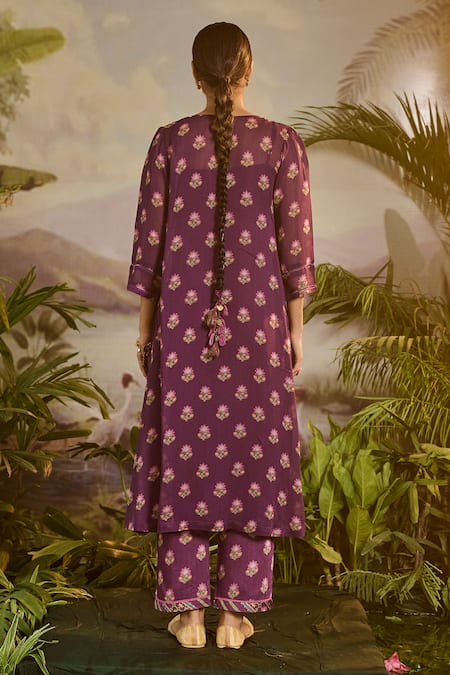 Shop Baise Gaba Purple Georgette, Satin Tassels, Embroidery Kirshori Floral Print A-line Kurta at Aza Fashions Shop_Baise Gaba_Purple Georgette, Satin Tassels, Embroidery Kirshori Floral Print A-line Kurta _at_Aza_Fashions