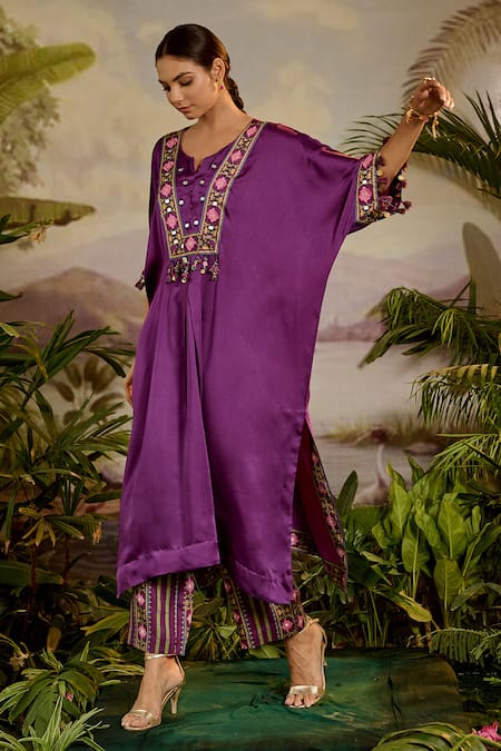 Buy Baise Gaba Purple Satin, Silk, Modal Mirrors, Tassels, Kumari Work Kaftan And Pant Set Online at Aza Fashions Buy_Baise Gaba_Purple Satin, Silk, Modal Mirrors, Tassels, Kumari Work Kaftan And Pant Set _Online_at_Aza_Fashions