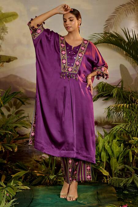 Shop Baise Gaba Purple Satin, Silk, Modal Mirrors, Tassels, Kumari Work Kaftan And Pant Set Online at Aza Fashions Shop_Baise Gaba_Purple Satin, Silk, Modal Mirrors, Tassels, Kumari Work Kaftan And Pant Set _Online_at_Aza_Fashions