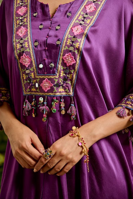 Baise Gaba Purple Satin, Silk, Modal Mirrors, Tassels, Kumari Work Kaftan And Pant Set at Aza Fashions Baise Gaba_Purple Satin, Silk, Modal Mirrors, Tassels, Kumari Work Kaftan And Pant Set _at_Aza_Fashions