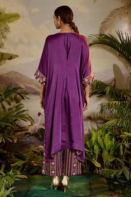 Shop Baise Gaba Purple Satin, Silk Mirrors, Tassels Split V-neck Kumari Work Kaftan at Aza Fashions Shop_Baise Gaba_Purple Satin, Silk Mirrors, Tassels Split V-neck Kumari Work Kaftan _at_Aza_Fashions