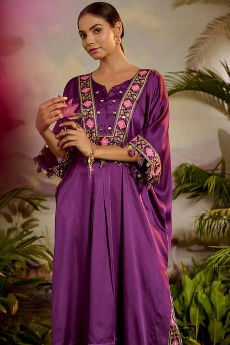 Baise Gaba Purple Satin, Silk Mirrors, Tassels Split V-neck Kumari Work Kaftan Online at Aza Fashions Baise Gaba_Purple Satin, Silk Mirrors, Tassels Split V-neck Kumari Work Kaftan _Online_at_Aza_Fashions