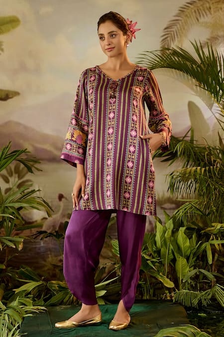 Baise Gaba Purple Kurta Modal Satin Printed Floral Armaan A-line And Pant Set 