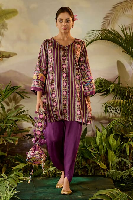 Baise Gaba_Purple Modal, Satin, Silk Sequins, Armaan Stripe Print A-line Kurta And Pant Set _Online_at_Aza_Fashions