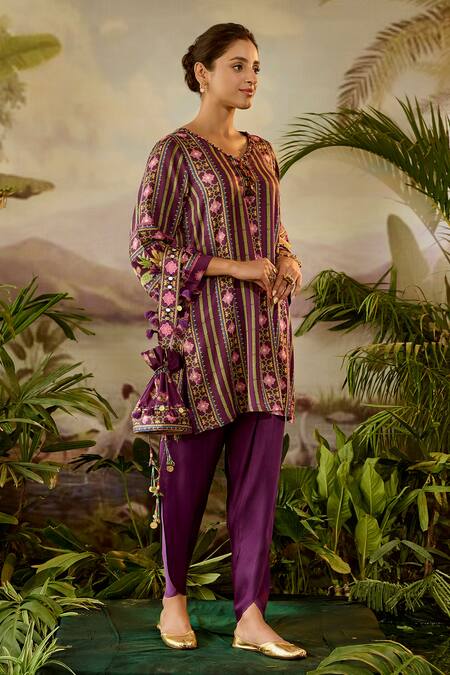 Buy_Baise Gaba_Purple Modal, Satin, Silk Sequins, Armaan Stripe Print A-line Kurta And Pant Set _Online_at_Aza_Fashions