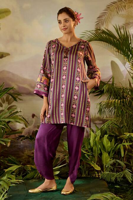 Shop_Baise Gaba_Purple Modal, Satin, Silk Sequins, Armaan Stripe Print A-line Kurta And Pant Set _Online_at_Aza_Fashions