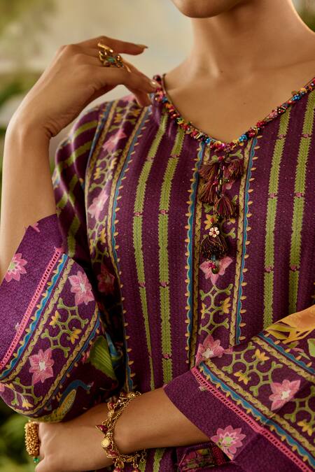 Baise Gaba_Purple Modal, Satin, Silk Sequins, Armaan Stripe Print A-line Kurta And Pant Set _at_Aza_Fashions