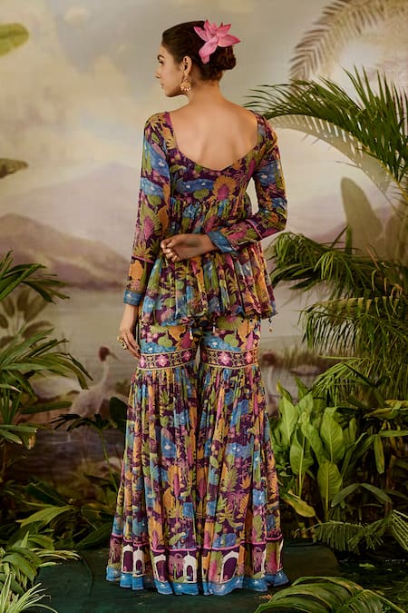 Baise Gaba Purple Lurex, Chiffon, Modal, Satin Devi Printed Peplum Kurta And Gharara Set Online at Aza Fashions Baise Gaba_Purple Lurex, Chiffon, Modal, Satin Devi Printed Peplum Kurta And Gharara Set _Online_at_Aza_Fashions