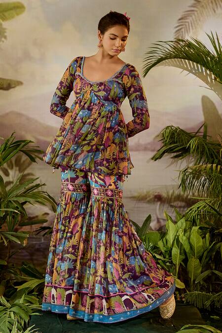 Buy Baise Gaba Purple Lurex, Chiffon, Modal, Satin Devi Printed Peplum Kurta And Gharara Set Online at Aza Fashions Buy_Baise Gaba_Purple Lurex, Chiffon, Modal, Satin Devi Printed Peplum Kurta And Gharara Set _Online_at_Aza_Fashions