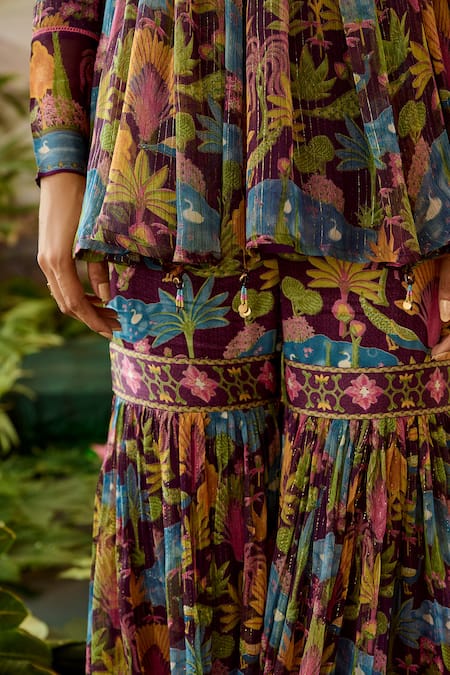 Shop Baise Gaba Purple Lurex, Chiffon, Modal, Satin Devi Printed Peplum Kurta And Gharara Set Online at Aza Fashions Shop_Baise Gaba_Purple Lurex, Chiffon, Modal, Satin Devi Printed Peplum Kurta And Gharara Set _Online_at_Aza_Fashions