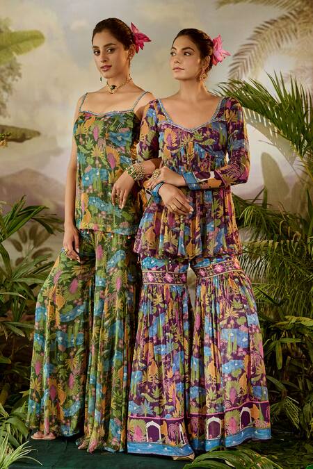 Baise Gaba Purple Lurex, Chiffon, Modal, Satin Devi Printed Peplum Kurta And Gharara Set at Aza Fashions Baise Gaba_Purple Lurex, Chiffon, Modal, Satin Devi Printed Peplum Kurta And Gharara Set _at_Aza_Fashions