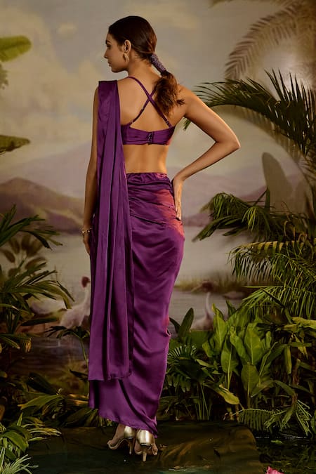 Baise Gaba Purple Satin, Silk Beads, Niyati Pre-draped Saree With Embroidered Blouse Online at Aza Fashions Baise Gaba_Purple Satin, Silk Beads, Niyati Pre-draped Saree With Embroidered Blouse _Online_at_Aza_Fashions